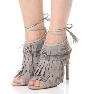 Aquazzura Italy So Pocahontas Suede Open Toe Heel Sandal Grey Fringe 39 9